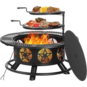 36 Inch Fire Pit with 2 Grills, Wood Burning Fire Pits for Outside with Lid & Poker.
